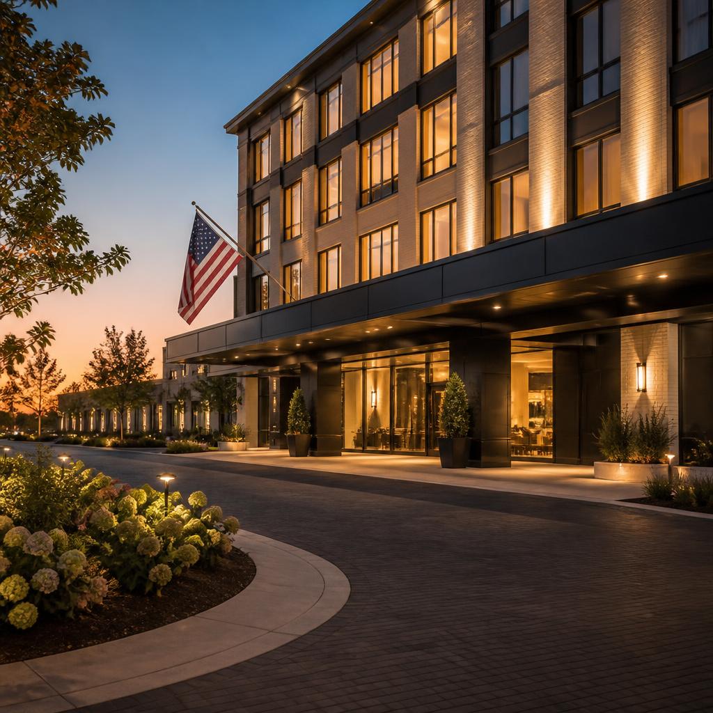 Modern boutique hotel exterior at dusk with warm lighting