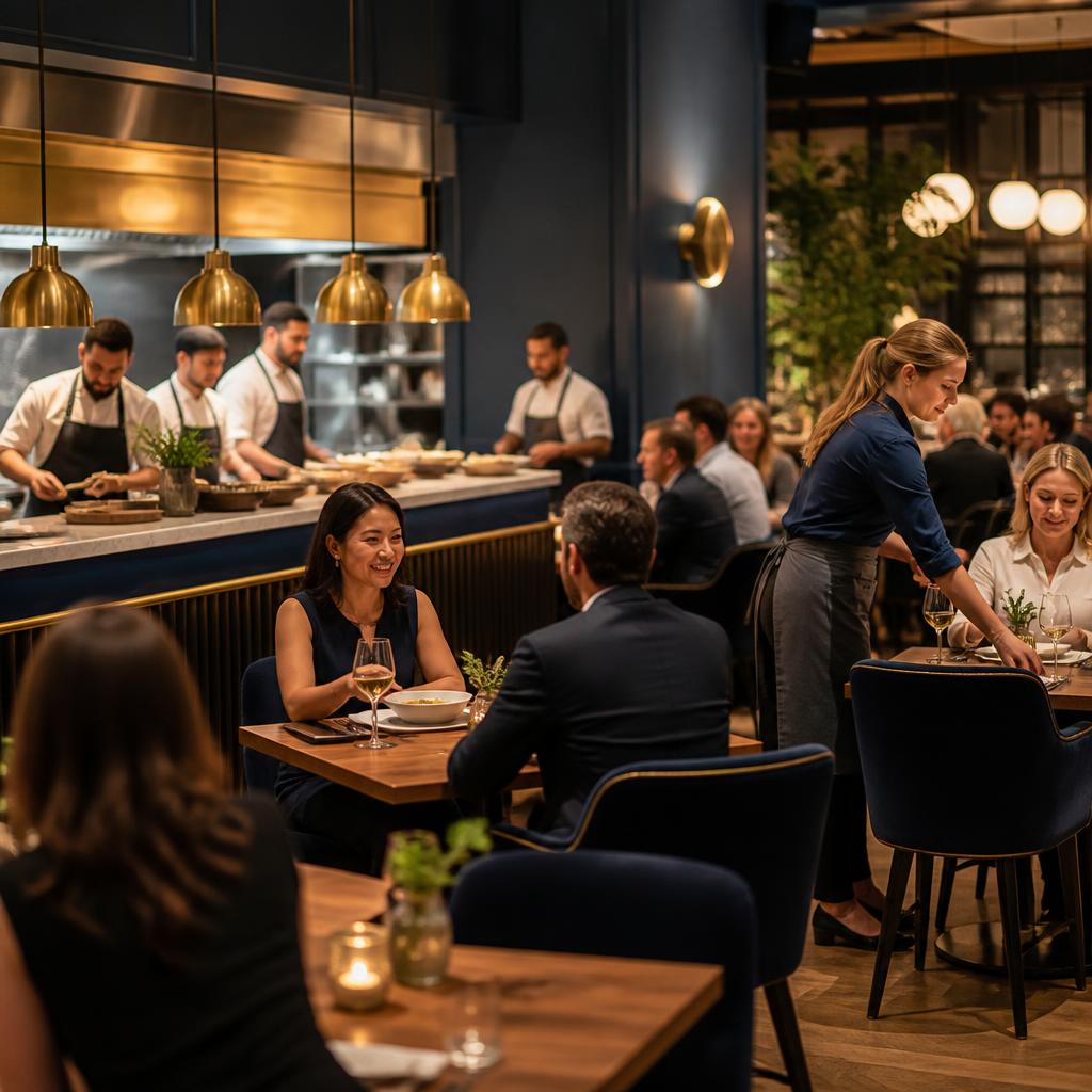 Modern restaurant interior with open kitchen and guests dining