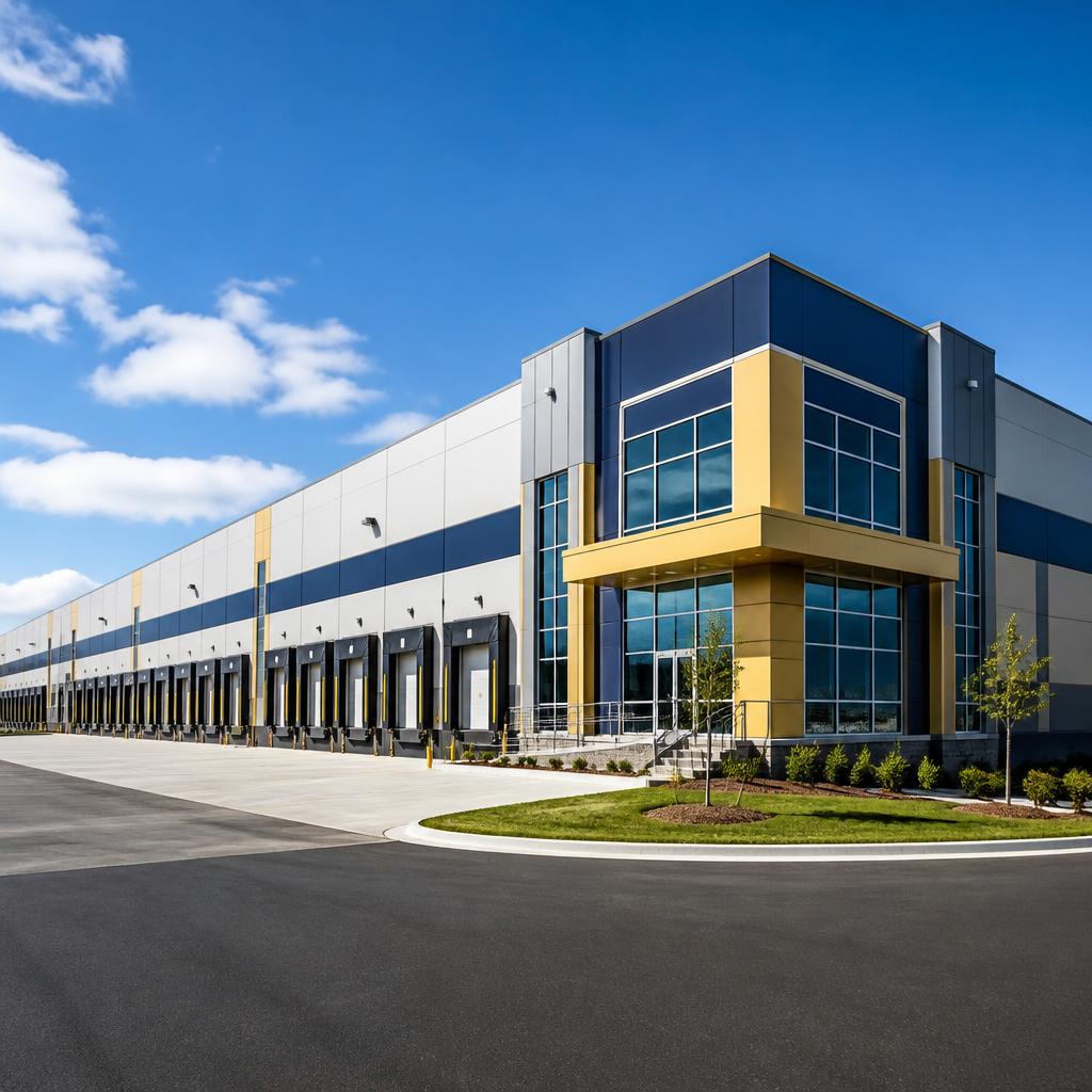 Large modern warehouse distribution center exterior