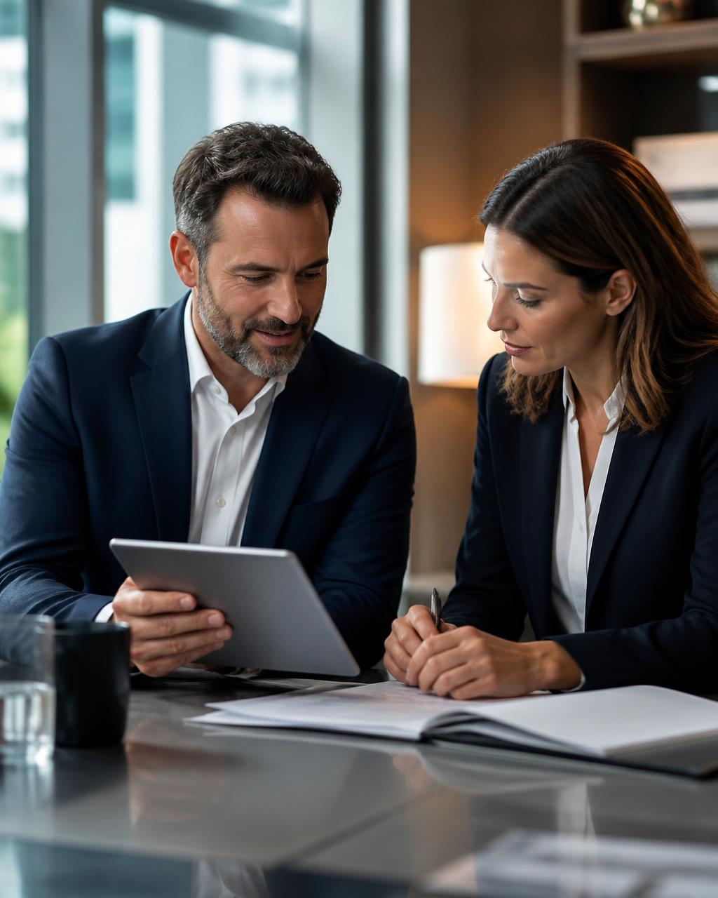 Business professionals reviewing risk documents together in a modern office