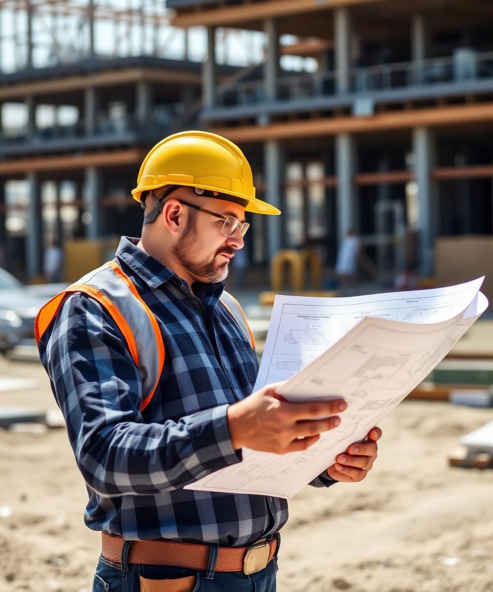 Architect reviewing blueprints on a construction site