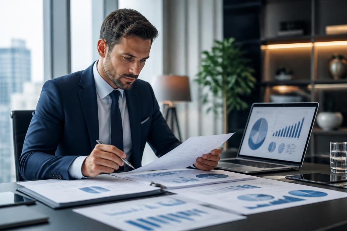Risk management consultant reviewing insurance documents and charts in a modern office