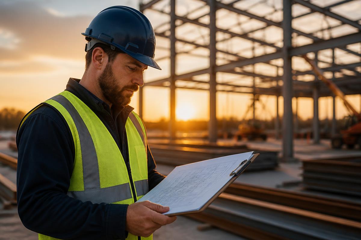 Contractor in hard hat reviewing blueprints on a construction site