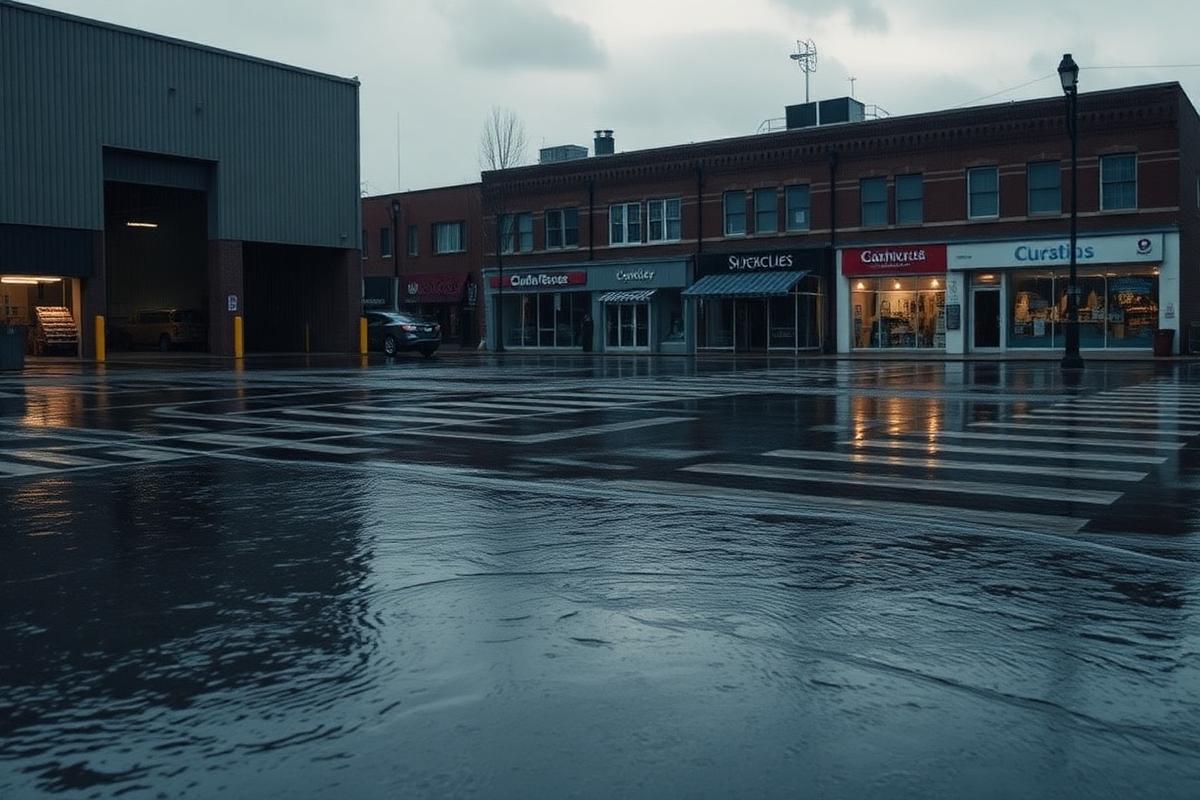 Flooded commercial street with standing water in front of storefronts and a warehouse